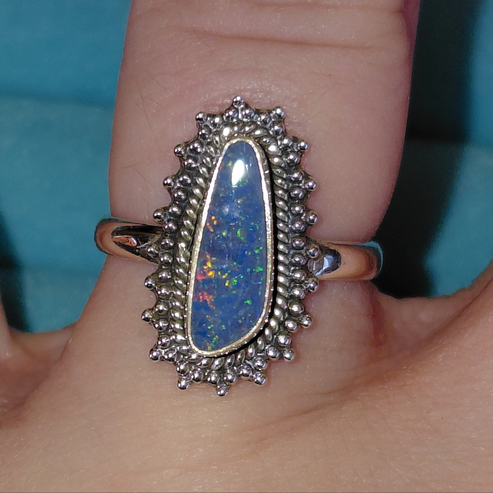 Sterling Silver Australian Opal Teardrop Ring Size 6.75 - Picture 10 of 14